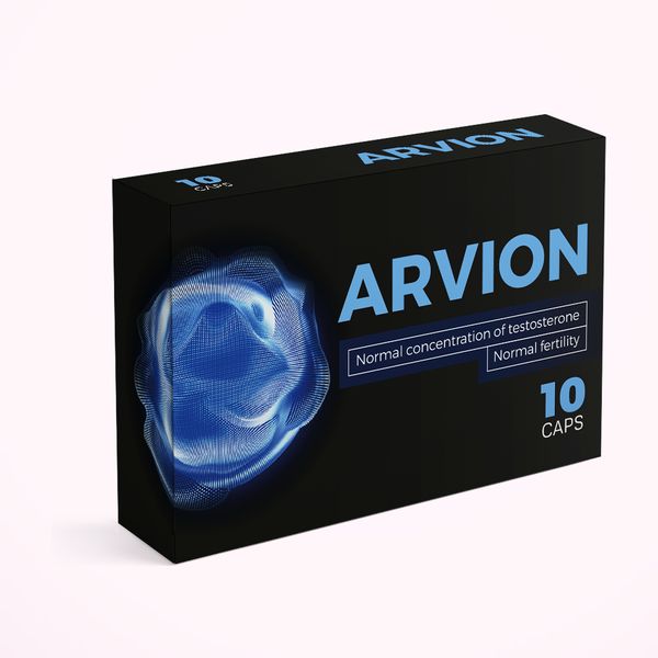 Fekete Arvion+ doboz, 10 kapszula, a tesztoszteronszintre és termékenységre utaló felirattal