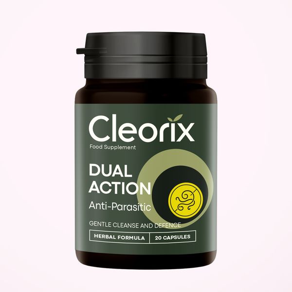Sötét Cleorix flakon húsz kapszulával, herbal formula felirattal