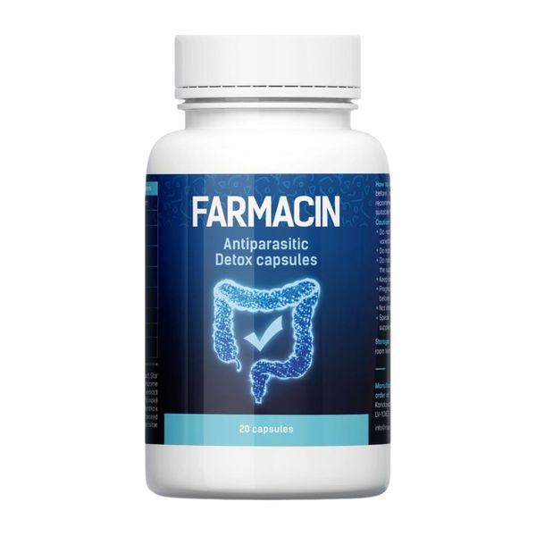 Fehér Farmacin kapszulás flakon, húsz kapszula, címkével elölről
