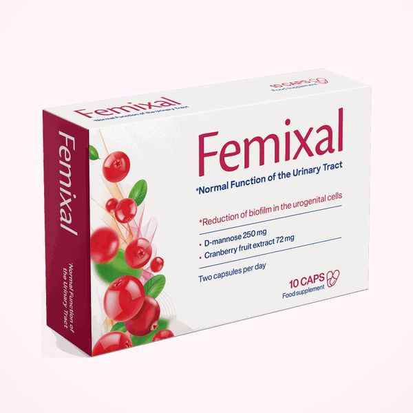 Femixal doboz tíz kapszulával, D-mannóz 250 mg és tőzegáfonya feliratokkal