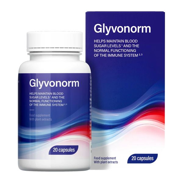 Glyvonorm flakon és doboz, 20 kapszula, vércukor és immunrendszer felirattal
