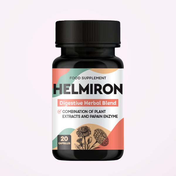 Fekete Helmiron kapszulás flakon, Digestive herbal blend és papain enzyme felirat, 20 kapszula