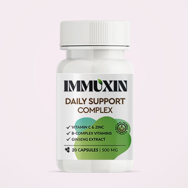 Fehér Immuxin flakon zöld címkével: Daily Support Complex, 20 kapszula, 500 mg