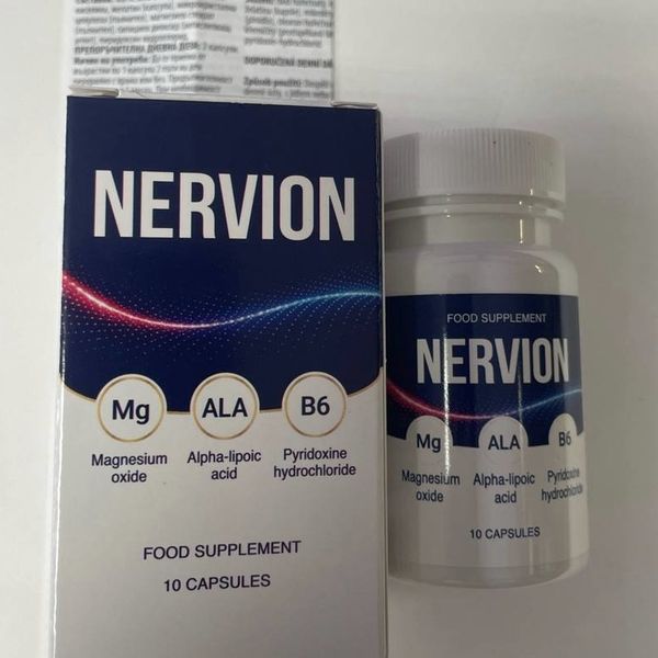 Fehér Nervion flakon és sötétkék doboz, 10 kapszula, magnézium, alfa-liponsav és B6 felirat
