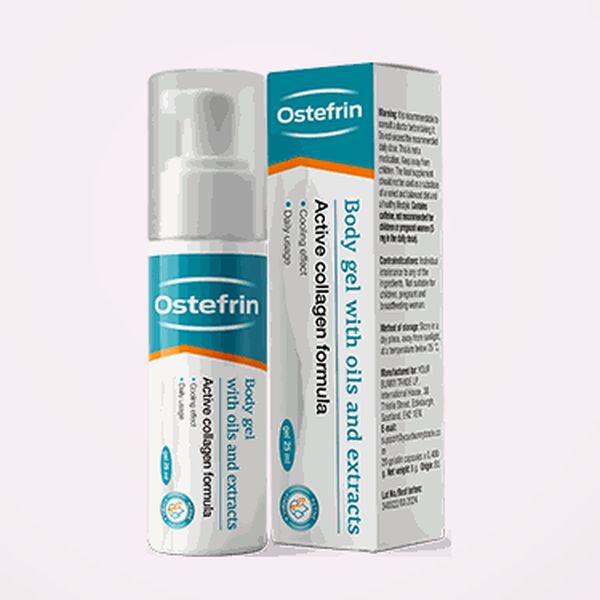 Fehér pumpás Ostefrin flakon türkiz dobozzal, Active collagen formula, cooling effect felirat