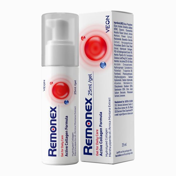Fehér 25 ml-es Remonex pumpás flakon, active collagen formula, gel for daily care címke