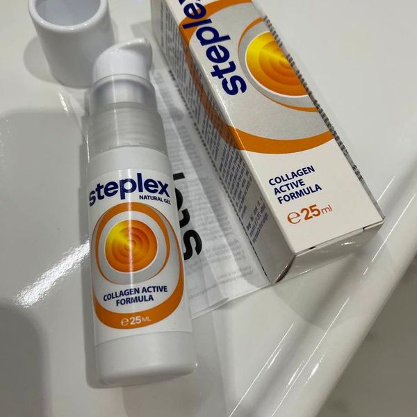 Steplex natural gel 25 ml airless pumpás flakon és doboz, Collagen Active Formula felirat