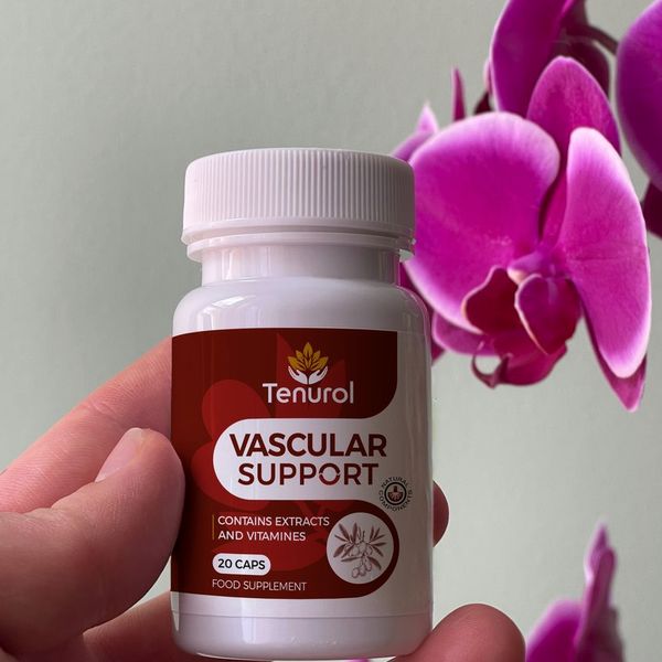 Fehér Tenurol flakon piros címkével, Vascular support felirat, 20 kapszula