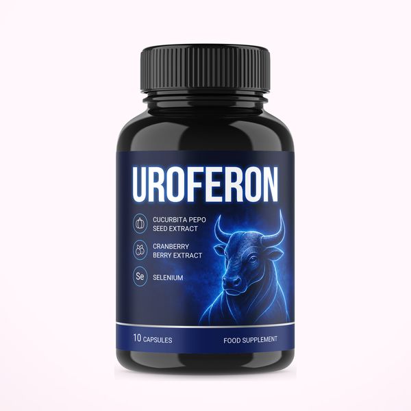Uroferon doboz, 10 zselatinkapszula, tökmag és tőzegáfonya ábrával
