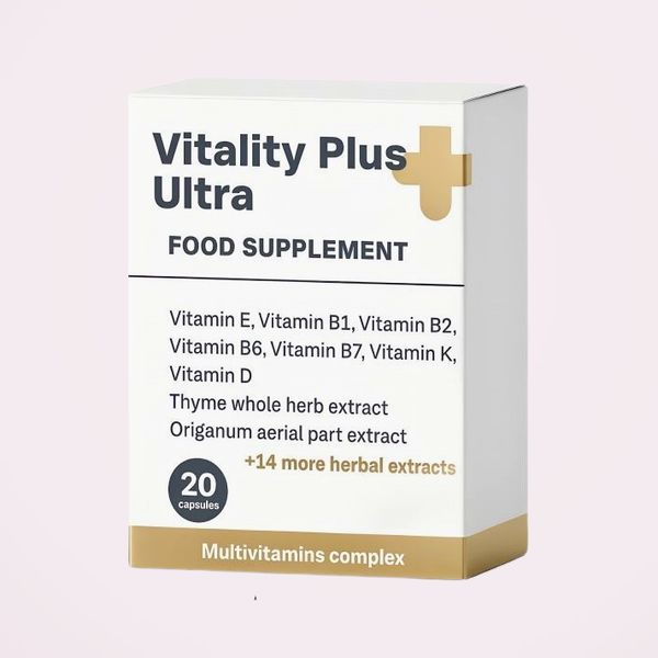 Vitality Plus Ultra doboz, 20 kapszula, multivitamin-komplex, kakukkfű és oregánó felirat