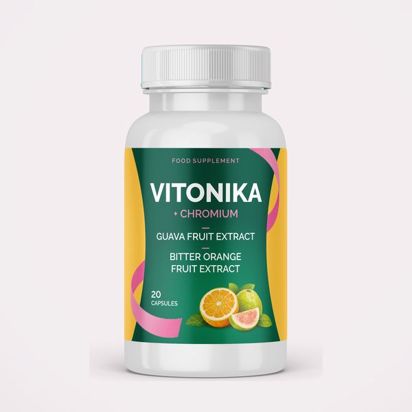 Zöld-sárga Vitonika doboz és flakon, guava, keserűnarancs és króm felirat, 20 kapszula